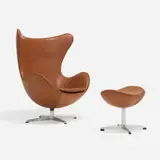 Arne Jacobsen, Egg chair and ottoman, 1958, leather upholstery, cast aluminum, plastic