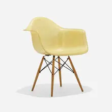 DAW by Charles and Ray Eames, 1950, molded fiberglass with rope edge, birch, enameled steel, rubber, sold Mar 2025