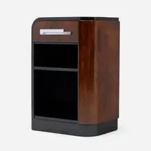 Donald Deskey, Nightstand, 1932, walnut burl, lacquered wood, chrome-plated steel and brass
