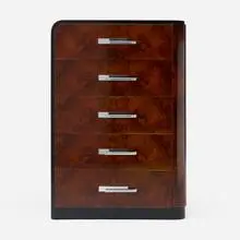 Cabinet by Donald Deskey, 1932, walnut burl, lacquered wood, chrome-plated steel and brass, sold Mar 2025