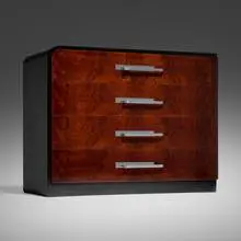 Cabinet by Donald Deskey, 1932, walnut burl, lacquered wood, chrome-plated steel and brass, sold Mar 2025