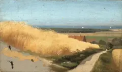 Dänisch, um 1840, Küstenlandschaft mit Kornfeld, Öl auf Leinwand, auf Pappe aufgezogen