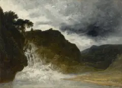 Georges Michel, Paysage orageux à la cascade, Öl auf Leinwand. Auf Hartfaser aufgezogen
