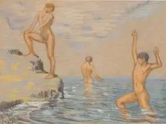 Ludwig von Hofmann, Badeszene mit drei Jünglingen, Pastell, Kreide und Kohle auf bräunlichem Papier