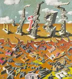 Ulrich Knispel, Landschaft mit Zeichen, 1975, Öl auf Leinwand, mit Künstlerleiste