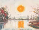 Max Kaus, Abendsonne über dem See, 1946, Aquarell, Gouache und Farbkreide auf leicht genarbtem Velin