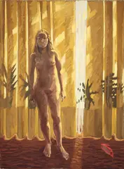 Hermann Albert, Akt vor gelbem Vorhang, 1978, Tempera auf Rupfen