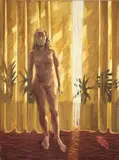 Hermann Albert, Akt vor gelbem Vorhang, 1978, Tempera auf Rupfen