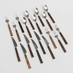 Bertel Gardberg, Set of tableware, 18 parts, Triennale, Fiskars, stainless steel and teak