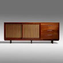 Special chest by George Nakashima, 1962, American black walnut, pandanus cloth, sold Sep 2021