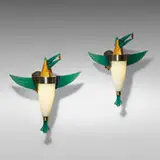 Dan Dailey, Birds with Topaz sconces, pair, 2006, blown glass, nickel and gold-plated bronze, pâte de verre, lampworked glass