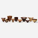 Bert Marsh, Collection of ten vessels, 2002-09, plum, walnut, English walnut, cocobolo, laburnum, she oak, olivewood, purpleheart, York gum burr, snakewood