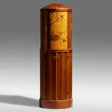Silas Kopf, Marquetry cabinet with sparrows, 1989, mahogany, pomelle sapele, maple, satinwood, brass, glass