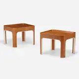 John Dickinson, Occasional tables, pair, c. 1978, leather over wood, lacquered wood