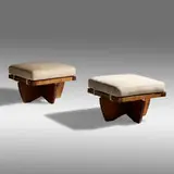 Greenrock ottomans, pair by Mira Nakashima, 1999, American black walnut, upholstery, rubber, sold Sep 2021