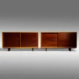 Rare Sliding Door cabinets, pair by George Nakashima, birch, American black walnut, mahogany, ash, sold Sep 2021