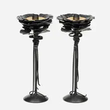 Ginkgo candleholders, pair by Albert Paley, 2001, forged mild steel with a blackened patina, removable brass bobeches (collars), sold Sep 2021