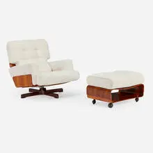 Menilio Taro, Lounge chair, model 401 and ottoman, 1964, upholstery, rosewood plywood, enameled aluminum, brass