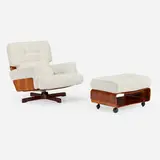 Menilio Taro, Lounge chair, model 401 and ottoman, 1964, upholstery, rosewood plywood, enameled aluminum, brass