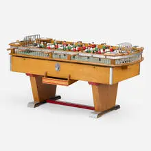 Modern, Foosball table, c. 1950, cherry, ash, lacquered and painted wood, aluminum, steel, cork