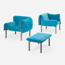 Igna Sempé, Ruché armchairs, pair and ottoman, c. 2005, microfiber upholstery, lacquered wood