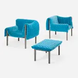 Igna Sempé, Ruché armchairs, pair and ottoman, c. 2005, microfiber upholstery, lacquered wood