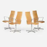 Arne Jacobsen, Oxford chairs, set of four, 1965 / 2008, leather upholstery, cast aluminum, plastic