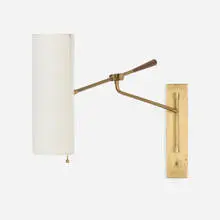 Aerin, Frankfort articulating wall lamp, brass, linen, mahogany