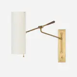 Aerin, Frankfort articulating wall lamp, brass, linen, mahogany