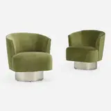Mitchell Gold and Bob Williams, Costello swivel lounge chairs, pair, 2023, microfiber upholstery, polished stainless steel