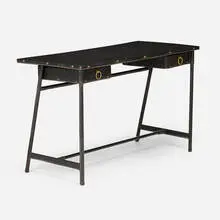 Jacques Adnet, Desk, c. 1950, stitched leather over steel, enameled and brass-plated steel, brass