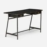 Jacques Adnet, Desk, c. 1950, stitched leather over steel, enameled and brass-plated steel, brass