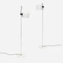 Coupé floor lamps, pair by Joe Colombo, 1967, lacquered aluminum and steel, chrome-plated steel, plastic, sold Mar 2025