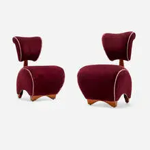 Jordan Mozer, Lounge chairs for the Cypress Club, San Francisco, pair, 1991, 100 cotton velvet upholstery, maple, hand-bent steamed maple bracket
