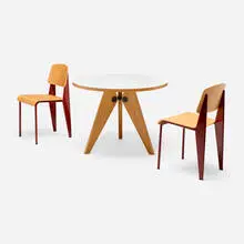 Dining set by Jean Prouvé, enameled steel, oak, oak plywood, laminate, polished aluminum, plastic, sold Mar 2025