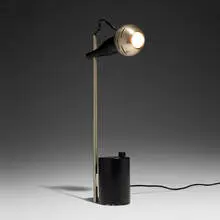 Angelo Lelii, Table lamp, c. 1963, matte chrome-plated steel and brass, lacquered aluminum and brass, plastic