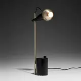 Angelo Lelii, Table lamp, c. 1963, matte chrome-plated steel and brass, lacquered aluminum and brass, plastic