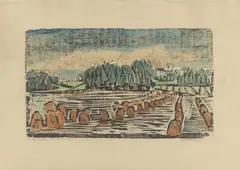 Ewald Mataré, Landschaft in Finnland, 1930, Holzschnitt, aquarelliert, auf Fabriano-Velin