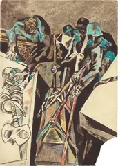 Willi Sitte, Grabschändung in Lidice, 1958, Gouache, Farbkreide und Tuschpinsel auf Papier