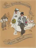 Heinrich Zille, Umschlag für eine Hochzeitszeitung (Diese Handschriftensammlung beginnt mit einer Hochzeit), 1919, Aquarell, Deckfarbe und Tuschfeder auf einem Bogen gefalteten Packpapiers