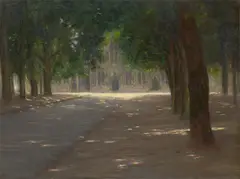 Deutsch, um 1880, Verschattete Allee mit gotischer Kirchenfassade, Öl auf Leinwand