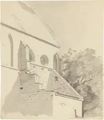 Bernhard Fries, Seitenansicht einer Kapelle, Pinsel in Grau auf dünnem, gelblichen Papier