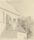 Bernhard Fries, Seitenansicht einer Kapelle, Pinsel in Grau auf dünnem, gelblichen Papier