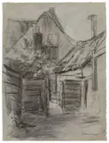 Max Liebermann, Hof in Katwijk, Um 1890, Kreide, weiß gehöht, auf grauem Papier