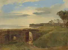 Théodore Gudin, Küstenlandschaft mit Befestigungen, Öl auf Papier auf Holz