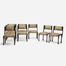 Paul Evans, Dining chairs model PE-106, set of eight, 1970, bronzed resin over steel, upholstery