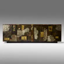 Paul Evans, Patchwork cabinet, c. 1970, welded and patinated copper and brass, aluminum, enameled steel, slate