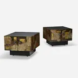 Patchwork nightstands, pair by Paul Evans, c. 1970, welded and patinated copper and brass, aluminum, enameled steel, slate, sold Sep 2021