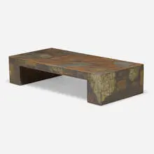 Custom Patchwork coffee table by Paul Evans, c. 1971, welded and enameled pewter, copper, and bronze, sold Sep 2021