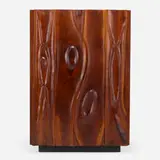 Phillip Lloyd Powell, Bar cabinet, c. 1975, carved and sculpted walnut, enameled wood, felt, cork